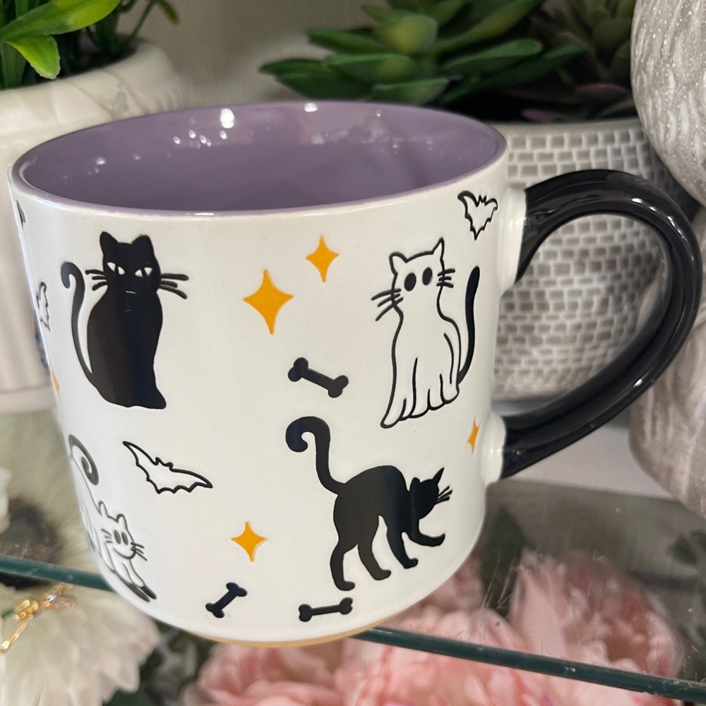 Halloween Black Cats & Ghost Cats 👻🐈‍⬛ Purple Ceramic Coffee Mug NWT Eli & Ana